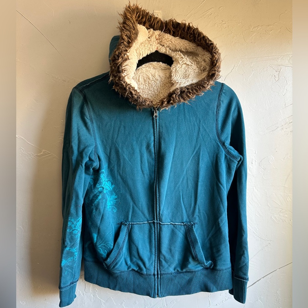 Y2K Faux Fur Sherpa Lined Zip Hoodie Teal McBling Cozy Cabin 2000s Mall Goth M?